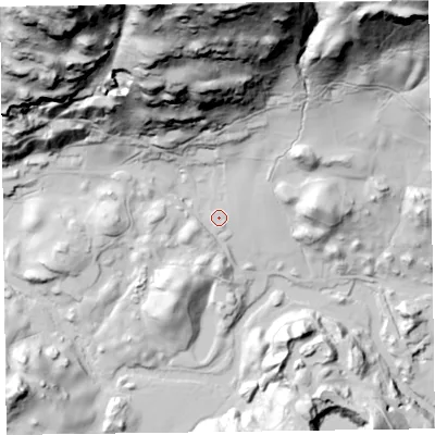 Shaded relief map of the ground around LA229JE, computed from Environment Agency LiDAR. The ground here sits at about 80 m above sea level and falls 164 m across the surrounding 800 m. Surface water reaching this point runs off ground lying to the north-north-west, 98.8 m higher.