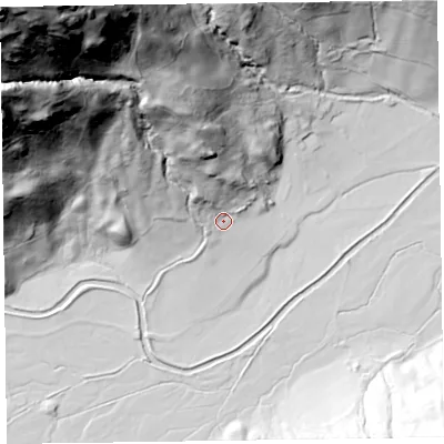 Shaded relief map of the ground around LA229JU, computed from Environment Agency LiDAR. The ground here sits at about 97 m above sea level and falls 218 m across the surrounding 800 m. Surface water reaching this point runs off ground lying to the north-north-west, 53.1 m higher.