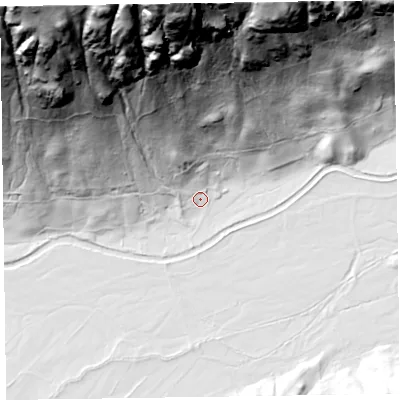 Shaded relief map of the ground around LA229JY, computed from Environment Agency LiDAR. The ground here sits at about 98 m above sea level and falls 279 m across the surrounding 800 m. Surface water reaching this point runs off ground lying to the north-north-west, 275.1 m higher.