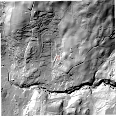 Shaded relief map of the ground around LA229LB, computed from Environment Agency LiDAR. The ground here sits at about 91 m above sea level and falls 154 m across the surrounding 800 m. Surface water reaching this point runs off ground lying to the east-north-east, 22.0 m higher.