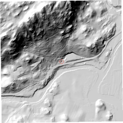 Shaded relief map of the ground around LA229LE, computed from Environment Agency LiDAR. The ground here sits at about 48 m above sea level and falls 172 m across the surrounding 800 m. Surface water reaching this point runs off ground lying to the north-north-west, 165.1 m higher.