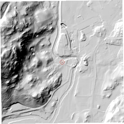 Shaded relief map of the ground around LA229LH, computed from Environment Agency LiDAR. The ground here sits at about 42 m above sea level and falls 146 m across the surrounding 800 m. Surface water reaching this point runs off ground lying to the west, 141.5 m higher.