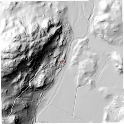 Shaded relief map of the ground around LA229LN, computed from Environment Agency LiDAR. The ground here sits at about 55 m above sea level and falls 171 m across the surrounding 800 m. Surface water reaching this point runs off ground lying to the west-north-west, 25.6 m higher.