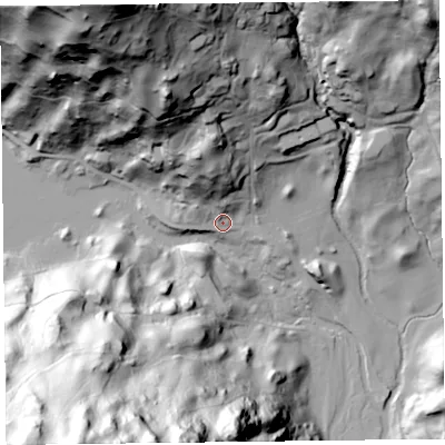 Shaded relief map of the ground around LA229LR, computed from Environment Agency LiDAR. The ground here sits at about 59 m above sea level and falls 123 m across the surrounding 800 m. Surface water reaching this point runs off ground lying to the north-north-west, 25.7 m higher.