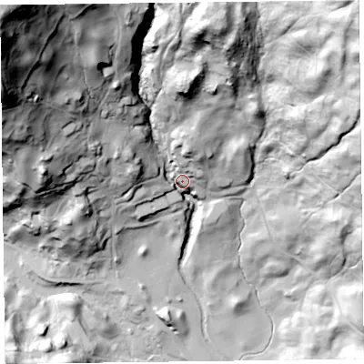 Shaded relief map of the ground around LA229LX, computed from Environment Agency LiDAR. The ground here sits at about 79 m above sea level and falls 161 m across the surrounding 800 m. Surface water reaching this point runs off ground lying to the north-west, 131.1 m higher.