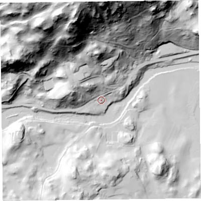 Shaded relief map of the ground around LA229ND, computed from Environment Agency LiDAR. The ground here sits at about 47 m above sea level and falls 150 m across the surrounding 800 m. Surface water reaching this point runs off ground lying to the north-west, 23.7 m higher.