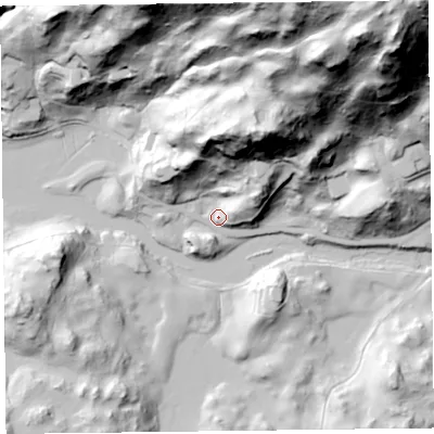 Shaded relief map of the ground around LA229NE, computed from Environment Agency LiDAR. The ground here sits at about 49 m above sea level and falls 153 m across the surrounding 800 m. Surface water reaching this point runs off ground lying to the north-north-east, 77.8 m higher.
