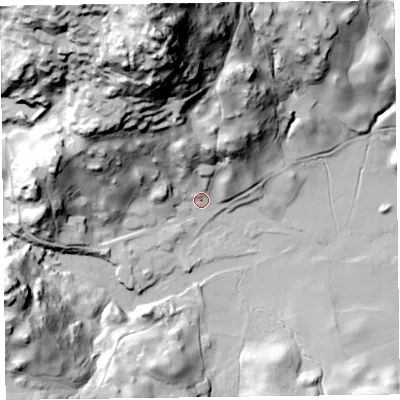 Shaded relief map of the ground around LA229NH, computed from Environment Agency LiDAR. The ground here sits at about 48 m above sea level and falls 107 m across the surrounding 800 m. Surface water reaching this point runs off ground lying to the north-north-west, 99.9 m higher.