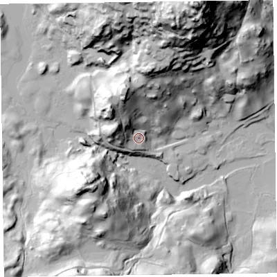 Shaded relief map of the ground around LA229NJ, computed from Environment Agency LiDAR. The ground here sits at about 58 m above sea level and falls 102 m across the surrounding 800 m. Surface water reaching this point runs off ground lying to the north-west, 29.9 m higher.