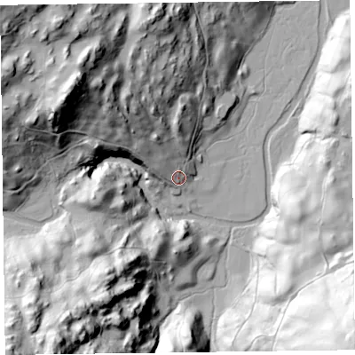 Shaded relief map of the ground around LA229NU, computed from Environment Agency LiDAR. The ground here sits at about 69 m above sea level and falls 97 m across the surrounding 800 m. Surface water reaching this point runs off ground lying to the north-west, 33.0 m higher.