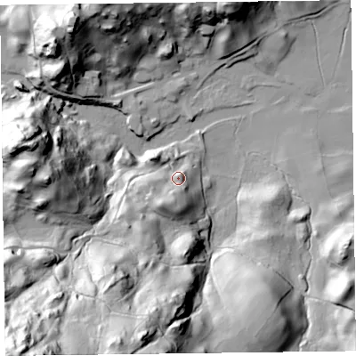 Shaded relief map of the ground around LA229NW, computed from Environment Agency LiDAR. The ground here sits at about 58 m above sea level and falls 113 m across the surrounding 800 m. Surface water reaching this point runs off ground lying to the south-south-west, 18.4 m higher.