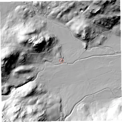 Shaded relief map of the ground around LA229PE, computed from Environment Agency LiDAR. The ground here sits at about 113 m above sea level and falls 92 m across the surrounding 800 m. Surface water reaching this point runs off ground lying to the south-west, 86.6 m higher.
