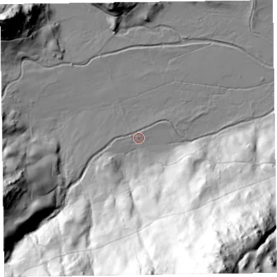 Shaded relief map of the ground around LA229PF, computed from Environment Agency LiDAR. The ground here sits at about 110 m above sea level and falls 168 m across the surrounding 800 m. Surface water reaching this point runs off ground lying to the south, 122.9 m higher.