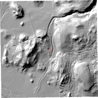 Shaded relief map of the ground around LA229PL, computed from Environment Agency LiDAR. The ground here sits at about 55 m above sea level and falls 88 m across the surrounding 800 m. Surface water reaching this point runs off ground lying to the north-west, 10.3 m higher.