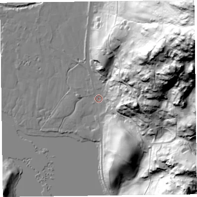 Shaded relief map of the ground around LA229PP, computed from Environment Agency LiDAR. The ground here sits at about 64 m above sea level and falls 155 m across the surrounding 800 m. Surface water reaching this point runs off ground lying to the north-east, 152.6 m higher.