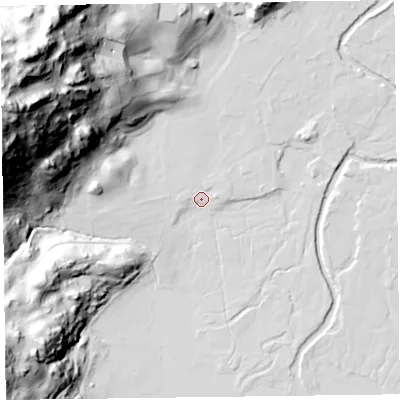 Shaded relief map of the ground around LA229PT, computed from Environment Agency LiDAR. The ground here sits at about 65 m above sea level and falls 122 m across the surrounding 800 m. Surface water reaching this point runs off ground lying to the west-north-west, 120.4 m higher.