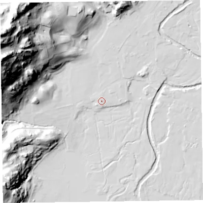 Shaded relief map of the ground around LA229PU, computed from Environment Agency LiDAR. The ground here sits at about 66 m above sea level and falls 115 m across the surrounding 800 m. Surface water reaching this point runs off ground lying to the north-east, 1.3 m higher.