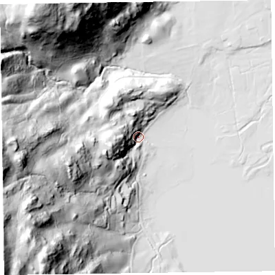 Shaded relief map of the ground around LA229PX, computed from Environment Agency LiDAR. The ground here sits at about 66 m above sea level and falls 151 m across the surrounding 800 m. Surface water reaching this point runs off ground lying to the west-south-west, 44.4 m higher.