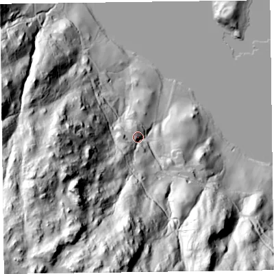 Shaded relief map of the ground around LA229PY, computed from Environment Agency LiDAR. The ground here sits at about 93 m above sea level and falls 177 m across the surrounding 800 m. Surface water reaching this point runs off ground lying to the south-west, 153.8 m higher.