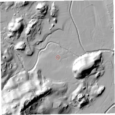 Shaded relief map of the ground around LA229QH, computed from Environment Agency LiDAR. The ground here sits at about 76 m above sea level and falls 110 m across the surrounding 800 m. Surface water reaching this point runs off ground lying to the west-south-west, 2.7 m higher.
