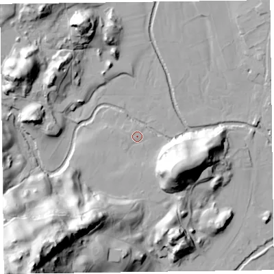 Shaded relief map of the ground around LA229QQ, computed from Environment Agency LiDAR. The ground here sits at about 75 m above sea level and falls 100 m across the surrounding 800 m. Surface water reaching this point runs off ground lying to the west-south-west, 3.9 m higher.