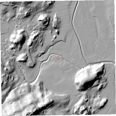 Shaded relief map of the ground around LA229QT, computed from Environment Agency LiDAR. The ground here sits at about 75 m above sea level and falls 72 m across the surrounding 800 m. Surface water reaching this point runs off ground lying to the south-west, 67.7 m higher.