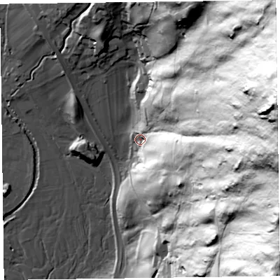 Shaded relief map of the ground around LA229RB, computed from Environment Agency LiDAR. The ground here sits at about 78 m above sea level and falls 217 m across the surrounding 800 m. Surface water reaching this point runs off ground lying to the east-north-east, 206.2 m higher.