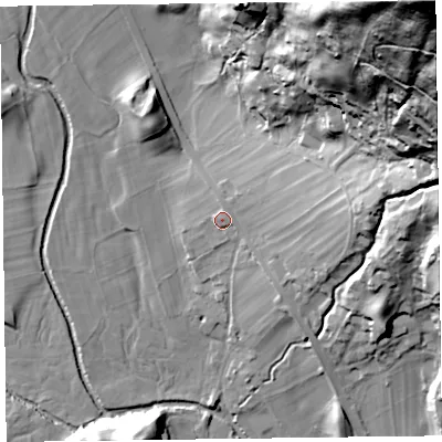 Shaded relief map of the ground around LA229RE, computed from Environment Agency LiDAR. The ground here sits at about 81 m above sea level and falls 151 m across the surrounding 800 m. Surface water reaching this point runs off ground lying to the east-north-east, 5.6 m higher.