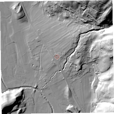 Shaded relief map of the ground around LA229RF, computed from Environment Agency LiDAR. The ground here sits at about 82 m above sea level and falls 154 m across the surrounding 800 m. Surface water reaching this point runs off ground lying to the north-east, 20.3 m higher.