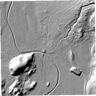 Shaded relief map of the ground around LA229RH, computed from Environment Agency LiDAR. The ground here sits at about 72 m above sea level and falls 57 m across the surrounding 800 m. Surface water reaching this point runs off ground lying to the north-north-east, 10.7 m higher.