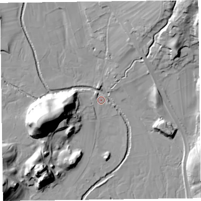 Shaded relief map of the ground around LA229RJ, computed from Environment Agency LiDAR. The ground here sits at about 71 m above sea level and falls 45 m across the surrounding 800 m. Surface water reaching this point runs off ground lying to the north-west, 2.4 m higher.