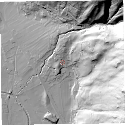 Shaded relief map of the ground around LA229RL, computed from Environment Agency LiDAR. The ground here sits at about 90 m above sea level and falls 174 m across the surrounding 800 m. Surface water reaching this point runs off ground lying to the north, 15.7 m higher.