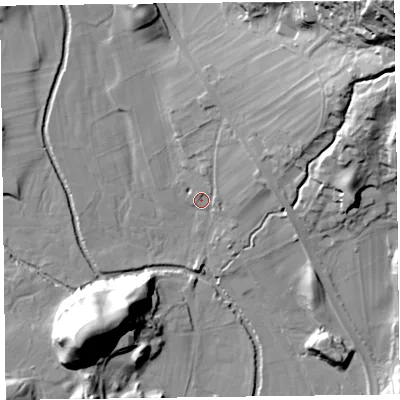 Shaded relief map of the ground around LA229RQ, computed from Environment Agency LiDAR. The ground here sits at about 73 m above sea level and falls 78 m across the surrounding 800 m. Surface water reaching this point runs off ground lying to the east-north-east, 9.0 m higher.