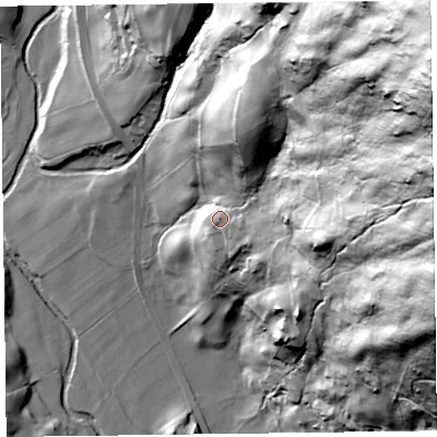 Shaded relief map of the ground around LA229RR, computed from Environment Agency LiDAR. The ground here sits at about 115 m above sea level and falls 224 m across the surrounding 800 m. Surface water reaching this point runs off ground lying to the north-east, 190.5 m higher.