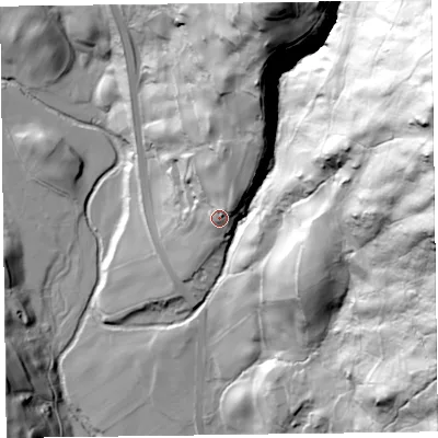 Shaded relief map of the ground around LA229RU, computed from Environment Agency LiDAR. The ground here sits at about 120 m above sea level and falls 180 m across the surrounding 800 m. Surface water reaching this point runs off ground lying to the north-north-east, 12.0 m higher.