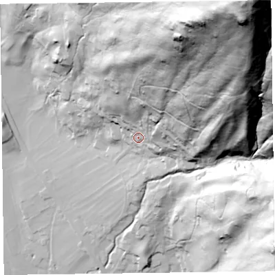 Shaded relief map of the ground around LA229RW, computed from Environment Agency LiDAR. The ground here sits at about 109 m above sea level and falls 298 m across the surrounding 800 m. Surface water reaching this point runs off ground lying to the north-east, 264.4 m higher.