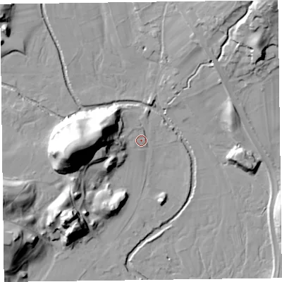 Shaded relief map of the ground around LA229RY, computed from Environment Agency LiDAR. The ground here sits at about 71 m above sea level and falls 40 m across the surrounding 800 m. Surface water reaching this point runs off ground lying to the west-north-west, 25.9 m higher.
