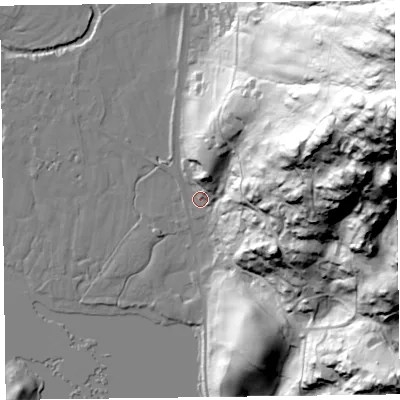 Shaded relief map of the ground around LA229SH, computed from Environment Agency LiDAR. The ground here sits at about 66 m above sea level and falls 162 m across the surrounding 800 m. Surface water reaching this point runs off ground lying to the north-east, 153.7 m higher.