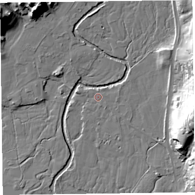 Shaded relief map of the ground around LA229SJ, computed from Environment Agency LiDAR. The ground here sits at about 65 m above sea level and falls 34 m across the surrounding 800 m. Surface water reaching this point runs off ground lying to the north-north-east, 0.9 m higher.