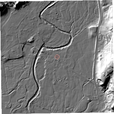 Shaded relief map of the ground around LA229SL, computed from Environment Agency LiDAR. The ground here sits at about 65 m above sea level and falls 38 m across the surrounding 800 m. The ground contributing surface water to this point lies to the east-north-east.