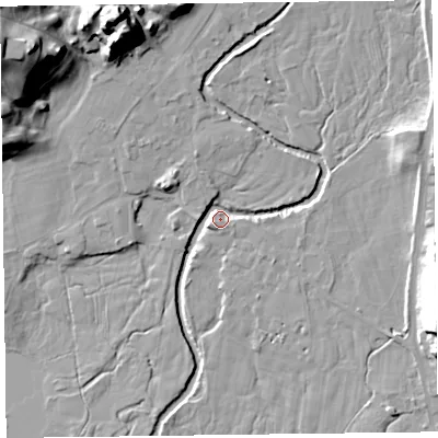 Shaded relief map of the ground around LA229SN, computed from Environment Agency LiDAR. The ground here sits at about 65 m above sea level and falls 31 m across the surrounding 800 m. Surface water reaching this point runs off ground lying to the north-north-west, 26.3 m higher.