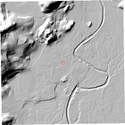 Shaded relief map of the ground around LA229SP, computed from Environment Agency LiDAR. The ground here sits at about 67 m above sea level and falls 54 m across the surrounding 800 m. Surface water reaching this point runs off ground lying to the north-west, 12.5 m higher.