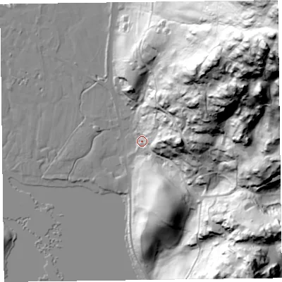 Shaded relief map of the ground around LA229SQ, computed from Environment Agency LiDAR. The ground here sits at about 67 m above sea level and falls 170 m across the surrounding 800 m. Surface water reaching this point runs off ground lying to the north-east, 153.1 m higher.