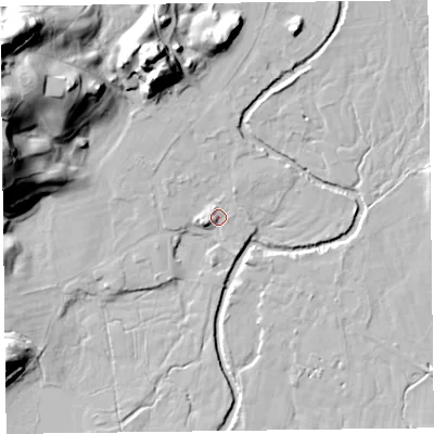 Shaded relief map of the ground around LA229SW, computed from Environment Agency LiDAR. The ground here sits at about 67 m above sea level and falls 52 m across the surrounding 800 m. Surface water reaching this point runs off ground lying to the west-north-west, 2.4 m higher.