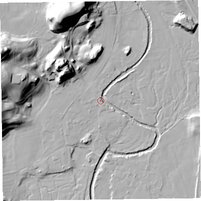 Shaded relief map of the ground around LA229SZ, computed from Environment Agency LiDAR. The ground here sits at about 68 m above sea level and falls 44 m across the surrounding 800 m. Surface water reaching this point runs off ground lying to the north, 30.4 m higher.