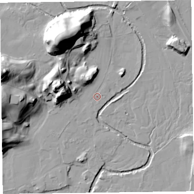 Shaded relief map of the ground around LA229TA, computed from Environment Agency LiDAR. The ground here sits at about 68 m above sea level and falls 43 m across the surrounding 800 m. Surface water reaching this point runs off ground lying to the north-north-west, 37.1 m higher.