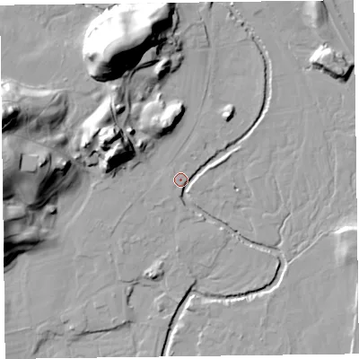 Shaded relief map of the ground around LA229TB, computed from Environment Agency LiDAR. The ground here sits at about 68 m above sea level and falls 44 m across the surrounding 800 m. Surface water reaching this point runs off ground lying to the north, 29.9 m higher.
