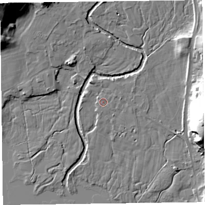 Shaded relief map of the ground around LA229TD, computed from Environment Agency LiDAR. The ground here sits at about 65 m above sea level and falls 28 m across the surrounding 800 m. Surface water reaching this point runs off ground lying to the north-north-west, 2.3 m higher.