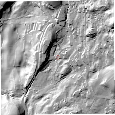 Shaded relief map of the ground around LA231BF, computed from Environment Agency LiDAR. The ground here sits at about 79 m above sea level and falls 117 m across the surrounding 800 m. Surface water reaching this point runs off ground lying to the east-north-east, 60.5 m higher.