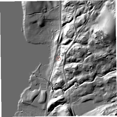 Shaded relief map of the ground around LA231BN, computed from Environment Agency LiDAR. The ground here sits at about 46 m above sea level and falls 70 m across the surrounding 800 m. Surface water reaching this point runs off ground lying to the east-north-east, 63.7 m higher.